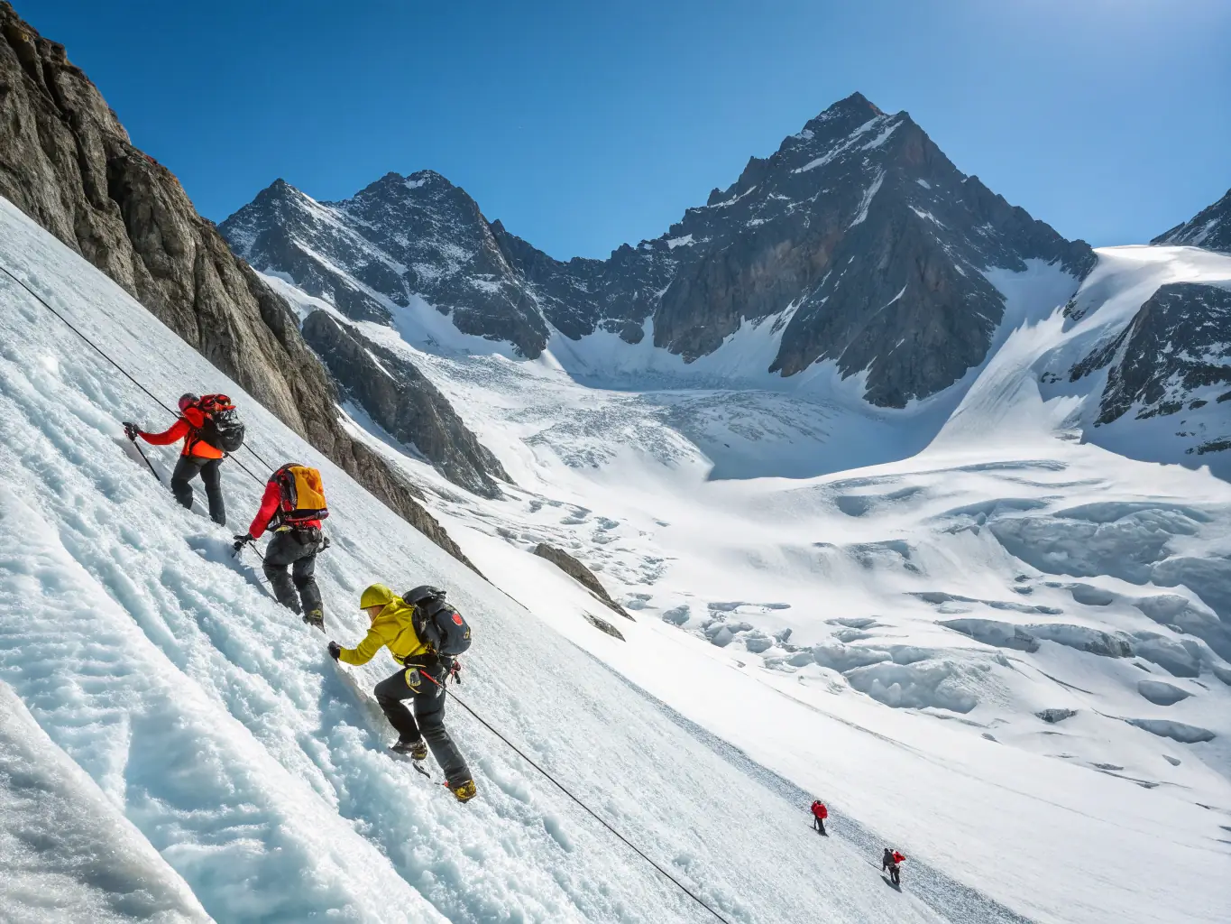 A vibrant image of a group of people mountaineering, scaling a snow-capped mountain with ropes and ice axes, under a clear blue sky. The scene captures the challenge and teamwork involved in mountaineering.