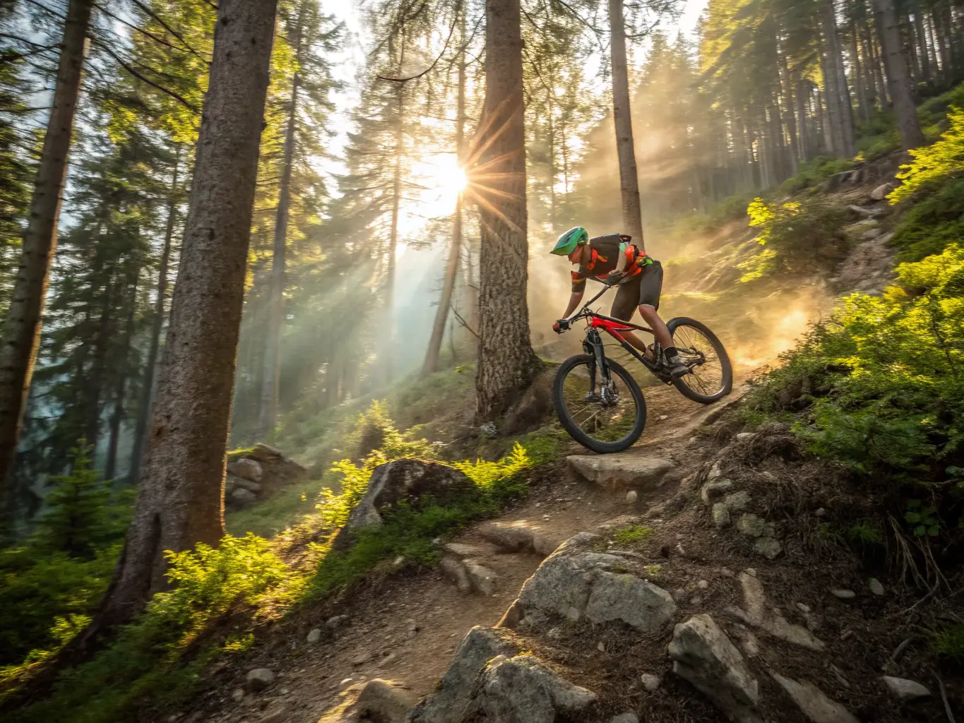 A dynamic image of a person mountain biking through a lush forest trail, with sunlight filtering through the trees. The scene conveys the excitement and freedom of mountain biking.