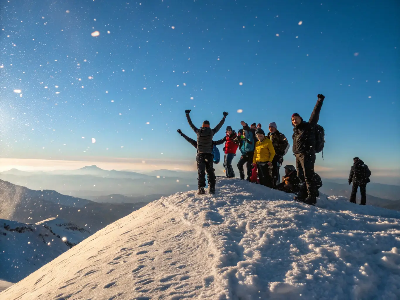 A high-angle shot of a group of mountaineers ascending a snow-covered peak, showcasing their teamwork and determination against a stunning alpine backdrop. The image captures the essence of MPA's mountaineering program.