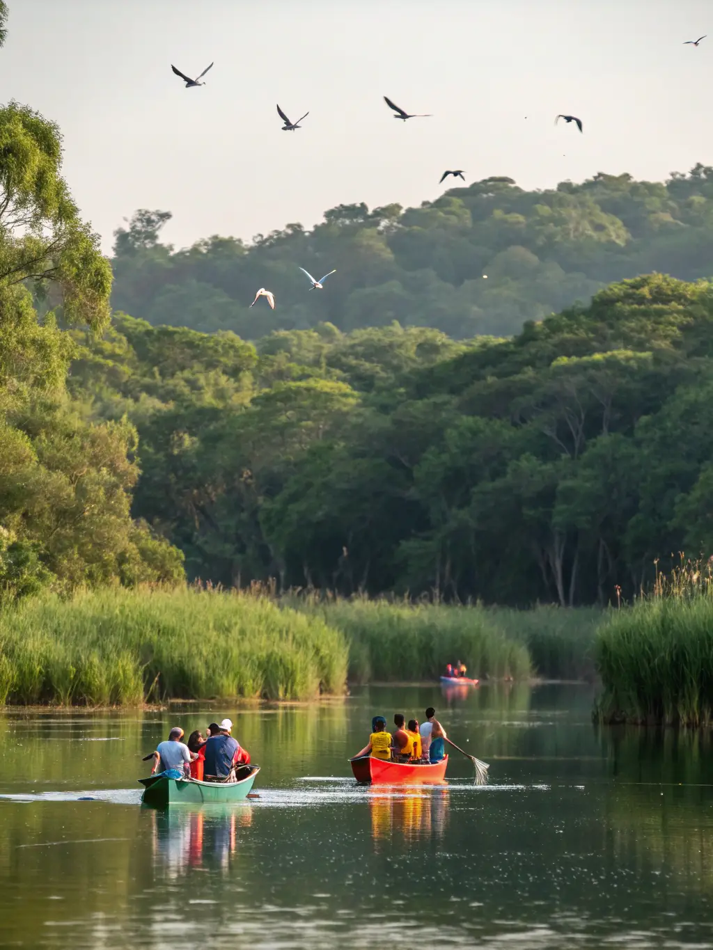 An image showing a diverse group of people, including children and adults, participating in a canoeing session on a calm river, showcasing accessibility and inclusivity.