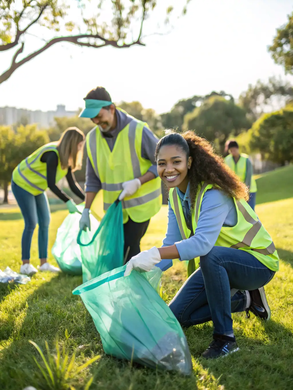 A picture of a group of volunteers cleaning up a hiking trail in a forest, highlighting environmental responsibility and community involvement.