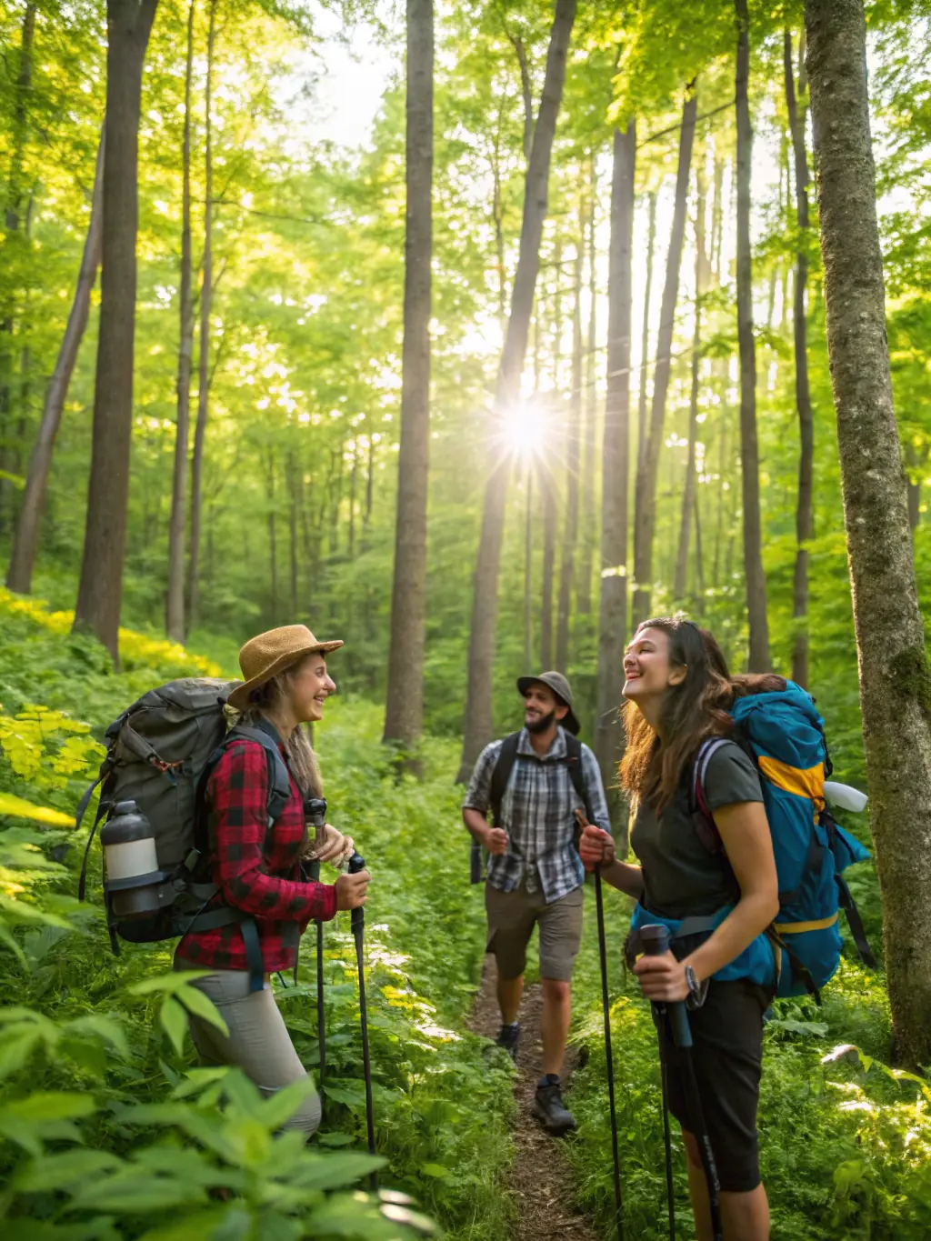 A photograph of a group of participants working together to set up a campsite during a hiking trip, emphasizing teamwork and collaboration.