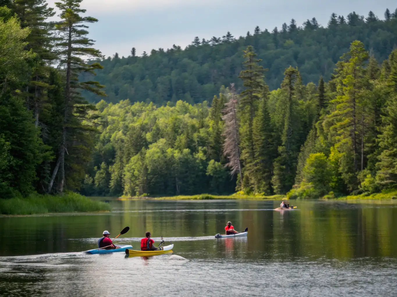 An evocative image of a group of people canoeing on a calm, reflective lake surrounded by mountains. The scene emphasizes the tranquility and teamwork of canoeing.
