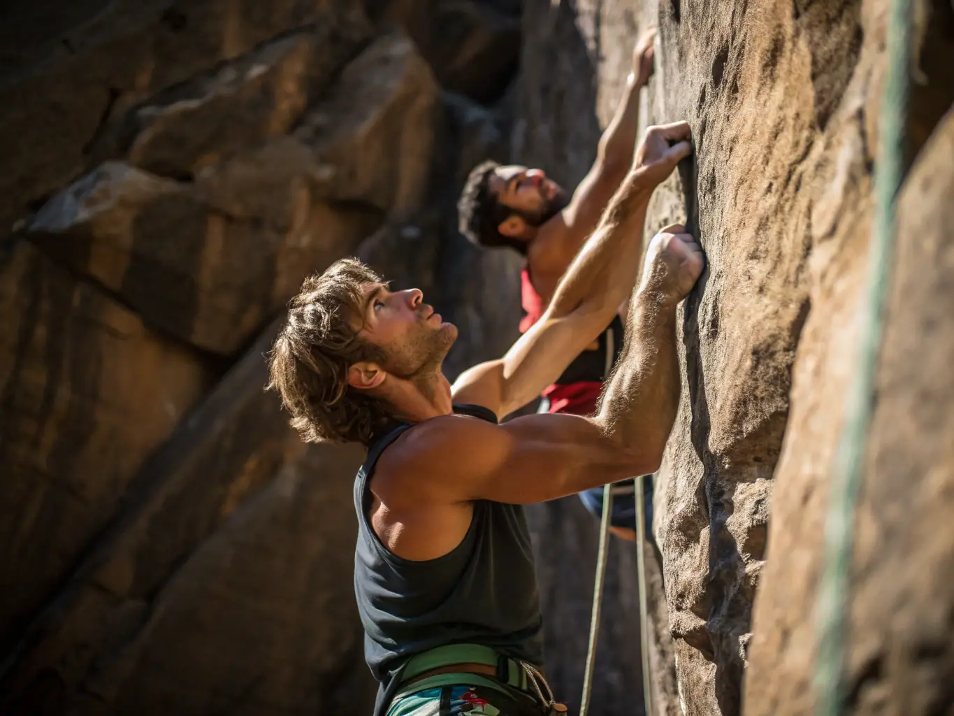 A close-up shot of climbers scaling a rock face, emphasizing their strength, technique, and the rugged texture of the rock. The image represents the challenge and reward of MPA's climbing activities.