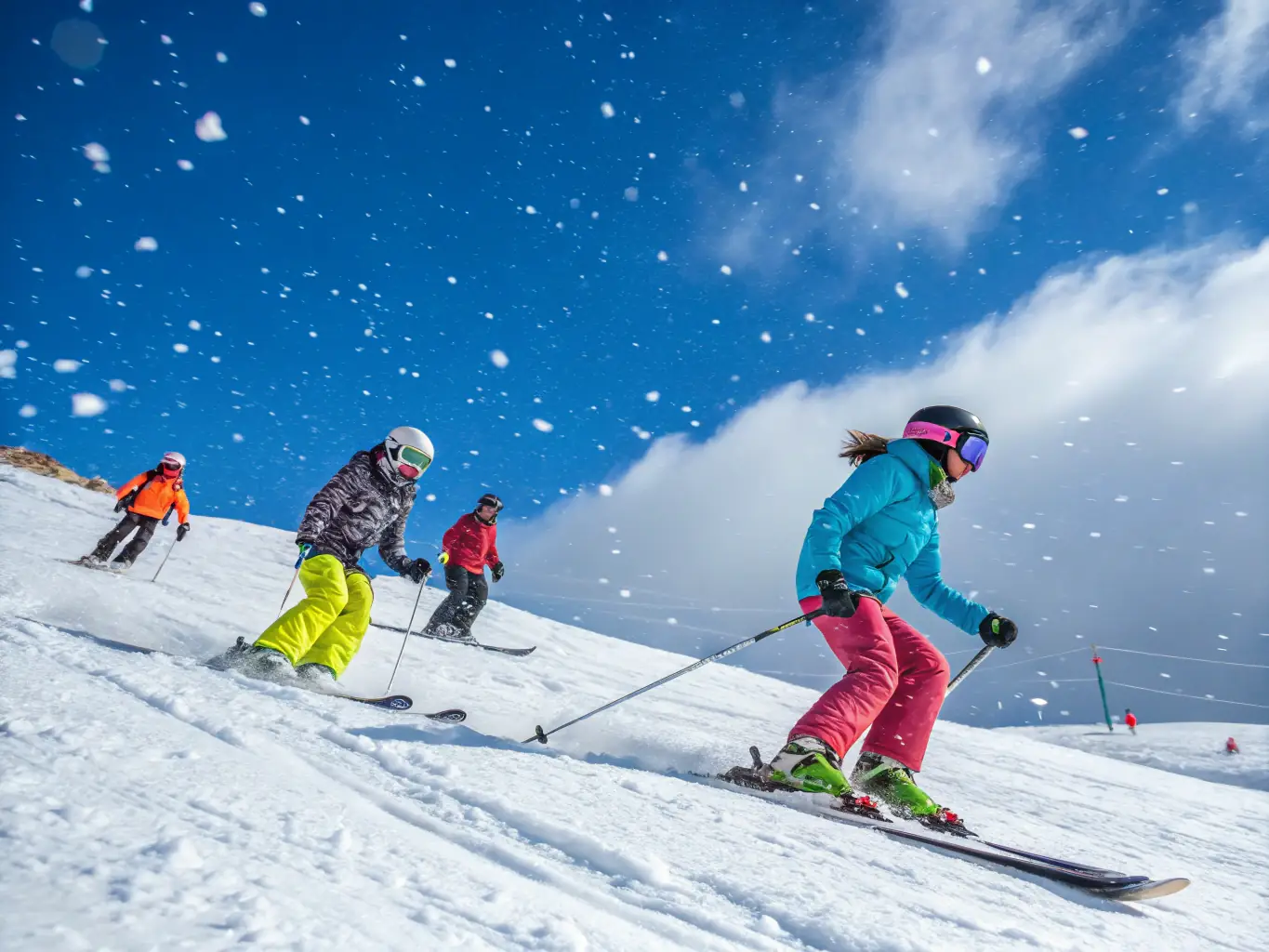 A dynamic image of skiers gliding down a pristine, snow-covered slope, with a clear blue sky in the background. The photo highlights the excitement and beauty of MPA's skiing programs.