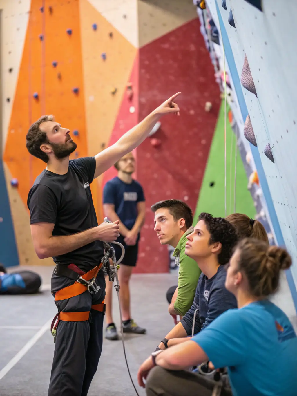A photograph capturing a mountaineering instructor demonstrating rope techniques to a group of young participants on a rocky hillside, emphasizing safety and expertise.